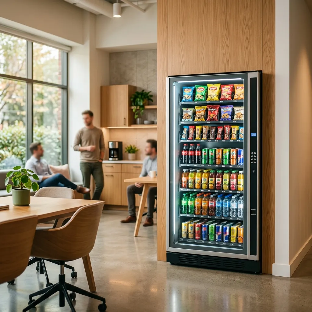 Modern vending machine stocked with snacks and beverages