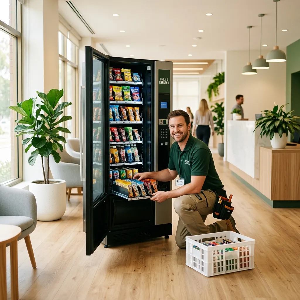 Vending machine being installed and stocked at a facility