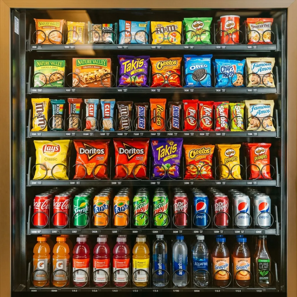 Vending machine stocked with colorful snacks and beverages